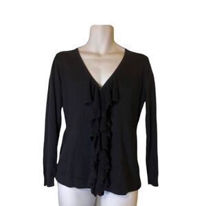 DKNYC Womens Black Ruffle V-Neck Long Sleeve Cardigan Sweater Size M